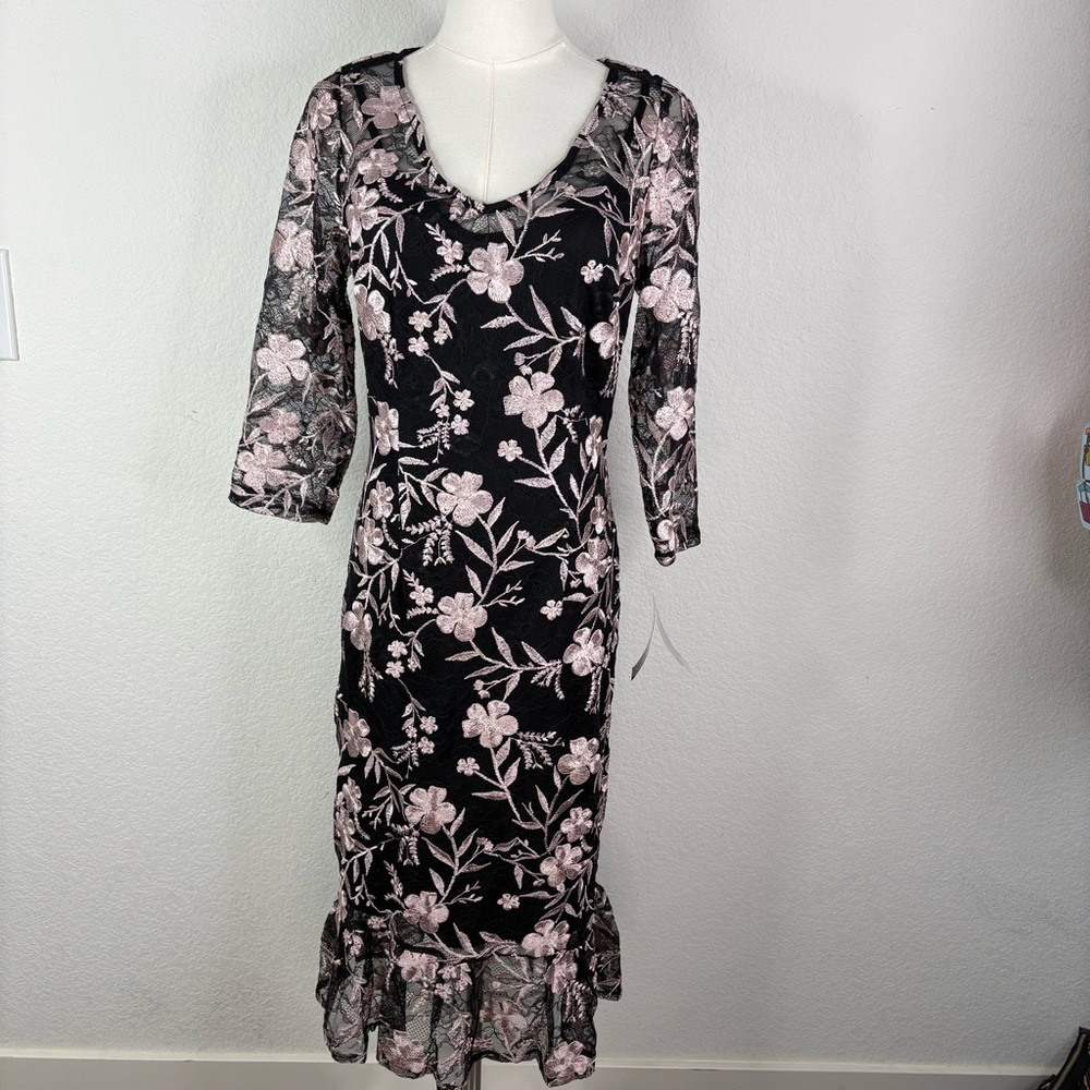 Alex Evenings Black & Blush Floral Lace Midi Dress | Size 6 | NWT